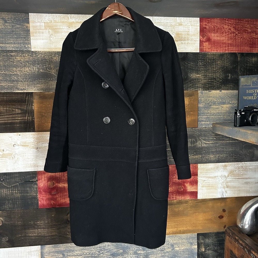 Apc Women's Cost Wool Overcoat Long Black Women's 36 Small Double Breasted